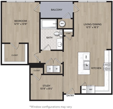 Floor plan for 1 bed, 1 bath, 979 sqft